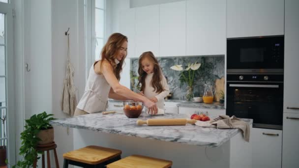 Cute Family Cooking Kitchen Together Young Woman Child Girl Preparing — Vídeos de Stock