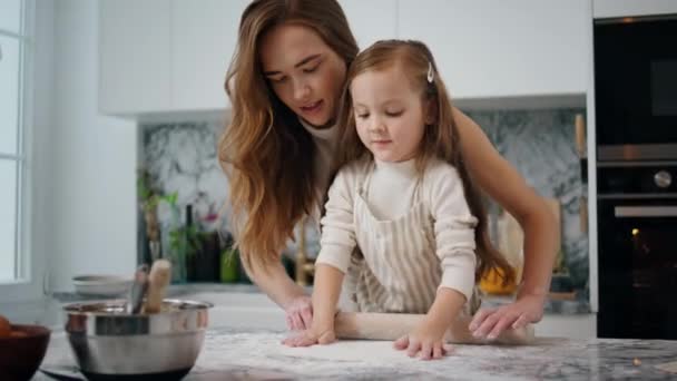 Cute Mom Child Rolling Dough Out Indoor Closeup Loving Mother — Vídeos de Stock