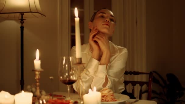 Sad Lady Bored Alone Candles Table Place Closeup Elegant Woman — Αρχείο Βίντεο