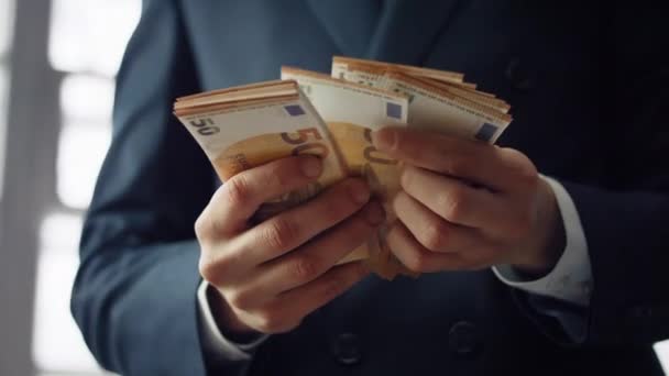 Unknown Businessman Counting Euro Bills Denomination Fifty Close Man Hands — ストック動画