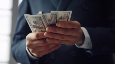 Erkek eller paraları sayıyor. Siyah takım elbiseli, dolarları hesaplayan bilinmeyen bir adam. Başarılı bir işletme yöneticisi Amerikan paralarının destelerini tutuyor. Maaş yatırım kavramı.