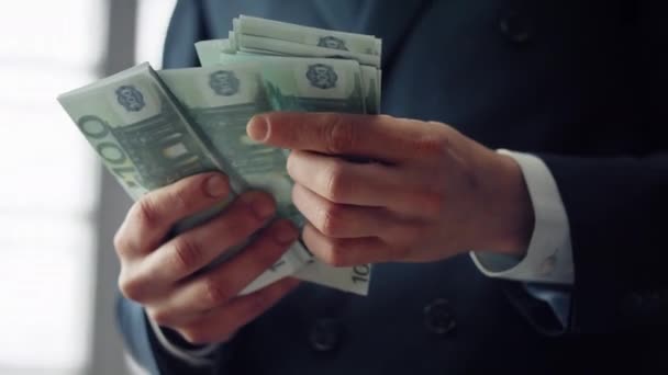 Businessman Hands Calculating Euro Banknotes Indoors Closeup Unknown Rich Finansist — Stok video