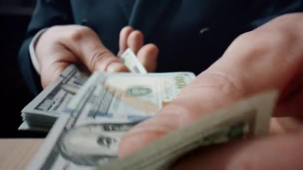 Banker Hands Collecting Dollars Piles Wooden Desk Closeup Unknown Business — Stockvideo