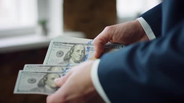 Man Hands Calculating Dollar Banknotes Indoors Close Unknown Rich Businessman — Vídeo de Stock