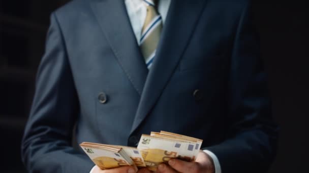 Successful Financier Counting Salary Euro Bills Indoors Close Confident Elegant — Vídeo de stock