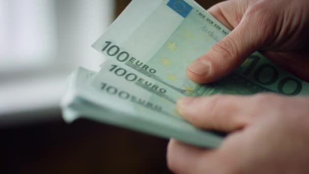 不明身份的人在屋里数着100欧元的钞票 商人用欧元来计算纸币的数量 持有营业收入的男性雇员工资 货币储蓄 — 图库视频影像