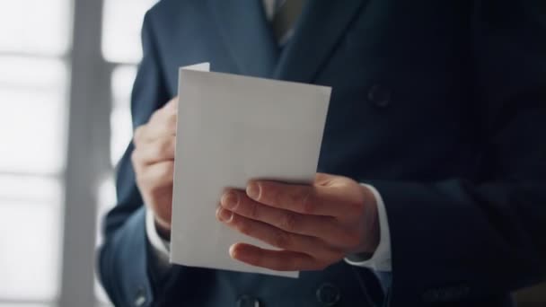 Unknown Elegant Man Taking Money Cash Paper Envelope Indoors Close — Vídeo de Stock