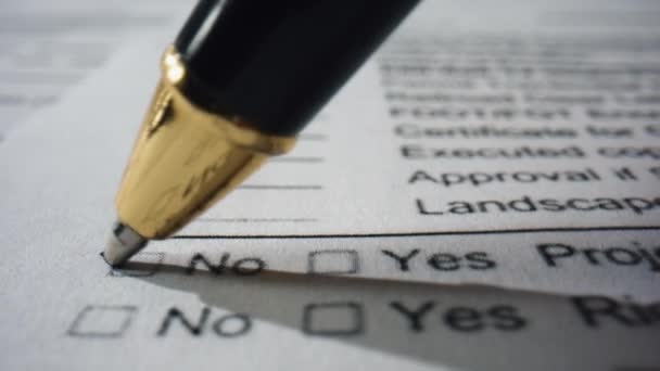 Closeup Pen Filling Questionnaire White Paper Unknown Person Writing Marks — Vídeo de Stock