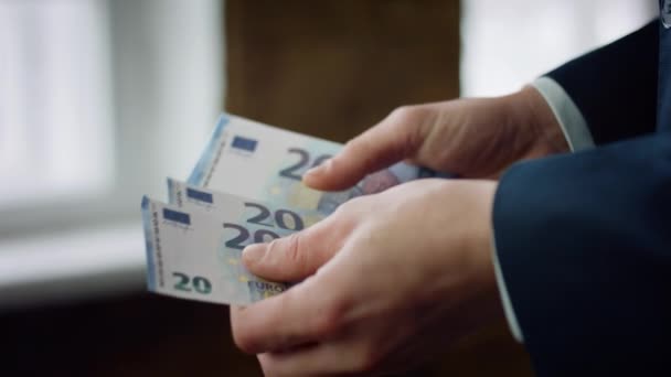 Unknown Elegant Man Counting Twenty Euros Indoors Closeup Bankrupt Businessman — Vídeo de stock