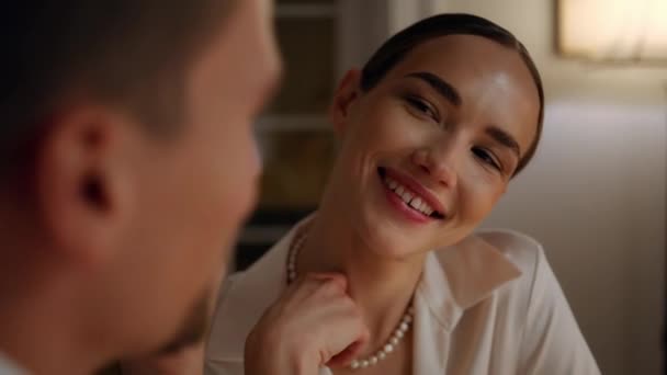 Coquettish Girl Enjoying Romantic Evening Restaurant Portrait Smiling Lady Flirting — Stockvideo