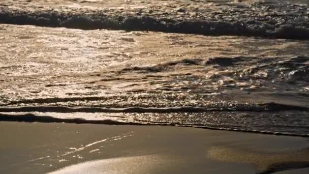 日落时海浪冲刷沙滩 金色的阳光在宁静的早晨反射着海面 泡沫汹涌的流水翻滚飞溅的异国情调海岸 热带旅游胜地自然放松概念 — 图库视频影像