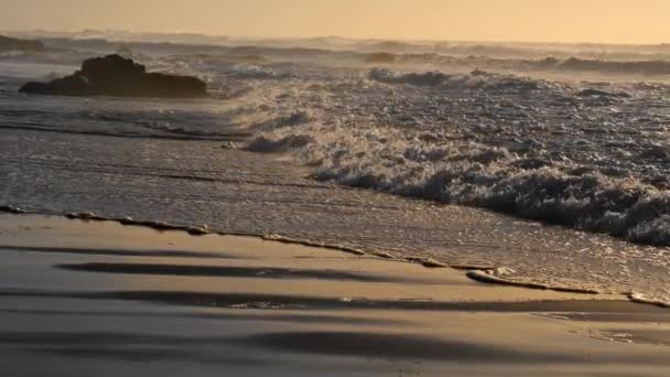 Sea Waves Hitting Beach Sunny Morning Rocky Coastline Washing Foamy — Stockvideo