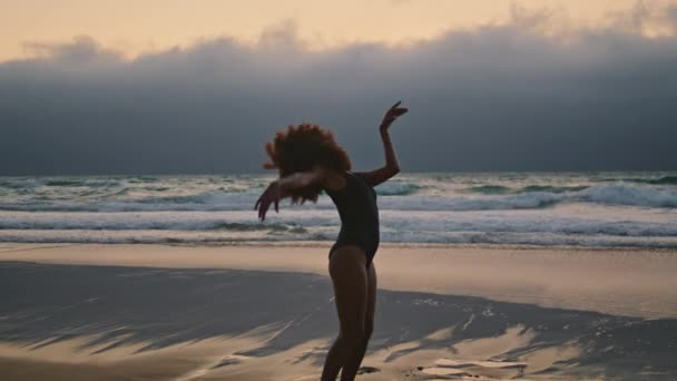 シルエット柔軟なダンサーは灰色の曇りの空の夏の夜にスリムなセクシーなボディを曲げます 夕暮れ時に湿った海岸で現代舞踊を行う官能的なアフリカ系アメリカ人女性 自然の演奏 — ストック動画
