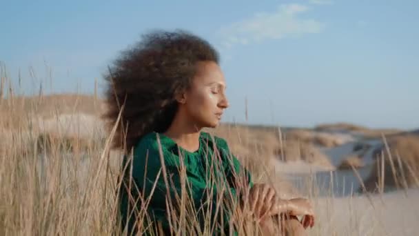 Розслаблена Афро Американська Жінка Сидить Піщаній Пустелі Сухою Травою Приваблива — стокове відео
