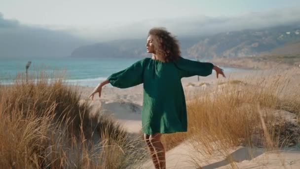 Künstlerische Afrikanisch Amerikanische Tänzerin Die Sinnlichen Tanz Auf Sand Mit — Stockvideo