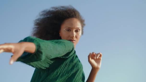 African American Woman Artist Dancing Standing Front Gray Summer Sky — Stock Video