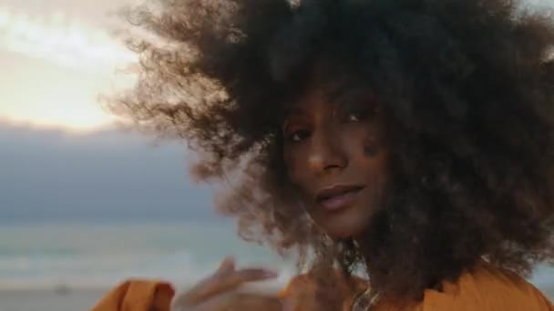 Retrato Modelo Afroamericano Con Exuberante Peinado Rizado Soplado Viento Verano — Vídeo de stock