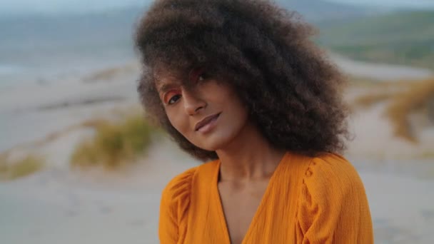 Jolie Visage Fille Afro Américaine Avec Maquillage Moderne Lumineux Caméra — Video