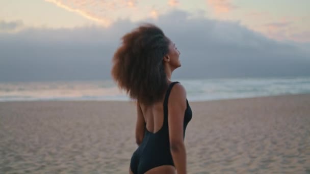 Relaxed Woman Tourist Walking Sandy Gloomy Beach Black Swimsuit Summer — Vídeos de Stock