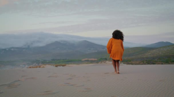 Sorrindo Mulher Afro Americana Desfrutar Buquê Andando Sobre Dunas Areia — Vídeo de Stock