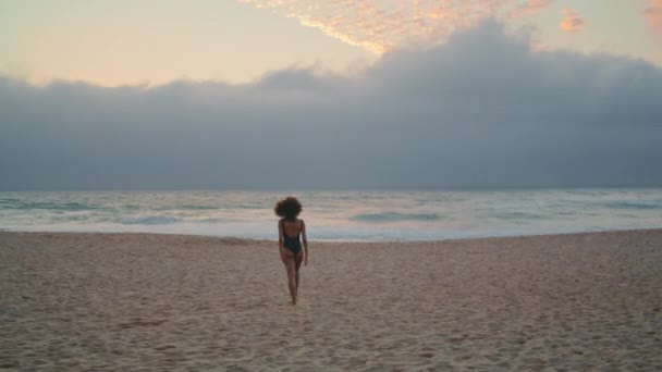 Relaxed Young Woman Enjoy Seashore Walking Sand Ocean Waves Gloomy — 图库视频影像