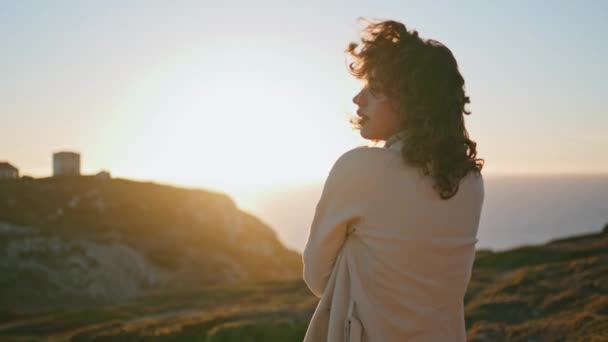 Thoughtful Woman Watching Sunset Ocean Mountain Worried Girl Contemplating Problems — Vídeos de Stock