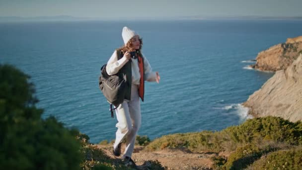 Mountain Woman Making Photo Hiking Trip Girl Tourist Admire Ocean — Stock Video