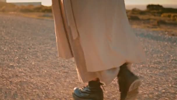 Hipster Legs Going Road Seaside Closeup Peaceful Woman Walking Sunlight — Video