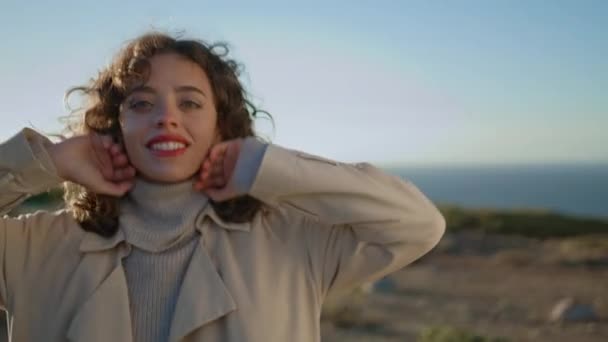 Carefree Girl Walking Cliff Mountain Closeup Romantic Woman Touching Curly — Wideo stockowe