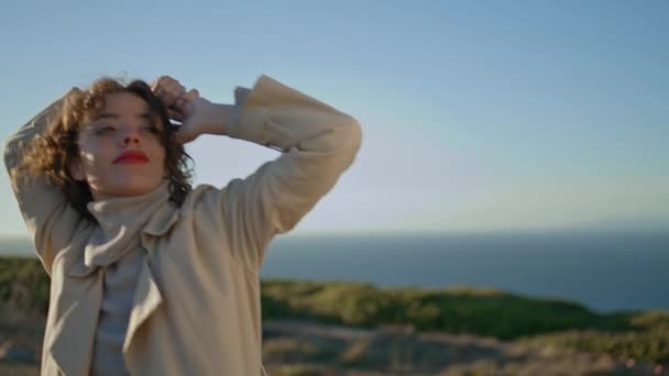 Inspired Woman Walking Mountain Closeup Happy Girl Enjoying Evening Sunlight — Stock videók
