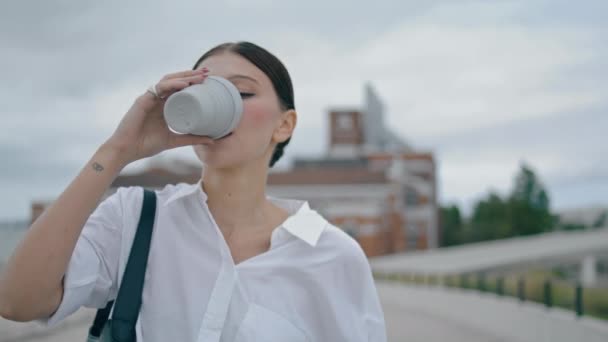 Relaxed Elegant Girl Drinking Coffee Takeaway Walking Urban Street Cloudy — Vídeo de Stock