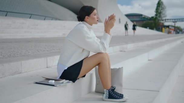 Relaxed Girl Hipster Sitting Stairs Alone Looking City Street Attractive — Video
