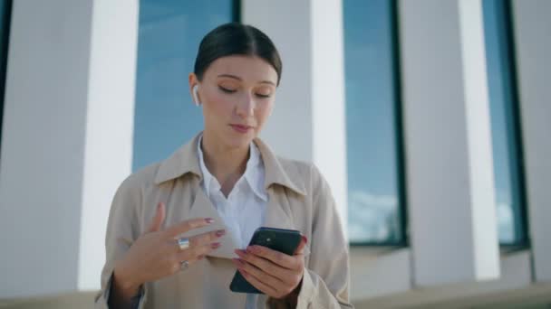 Cheerful Beautiful Woman Chatting Video Call Using Wireless Headphones Street — Stock Video