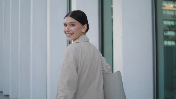 Happy Carefree Girl Walking City Streets Elegant Coat Close Cheerful — Stockvideo