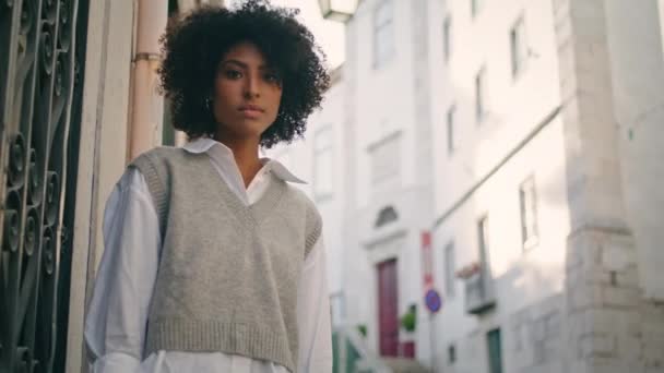 Confident Beautiful Model Walking Old City Street Wearing White Shirt — Stockvideo