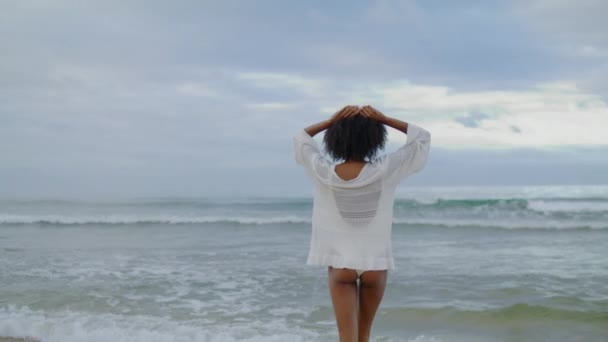 穏やかな女性は海の後ろのビューを検討 魅力的なアフリカ系アメリカ人は 曇り空で穏やかな波を楽しむ 美しい黒髪の女の子は白いビキニで海を見て考える 無料の休暇のコンセプト — ストック動画