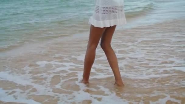Waves Washing Woman Legs Calm Shore Slim Girl Playing Touching — Stockvideo