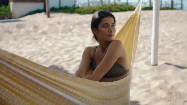 Serene Woman Enjoying Hammock Sandy Beach Smiling Girl Relaxing Ocean — Vídeo de Stock
