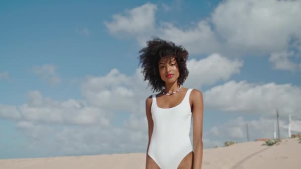 Flirting Girl Posing Bikini Sunny Beach Attractive Woman Enjoying Summer — Stockvideo