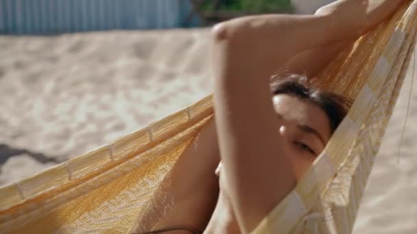 Closeup Girl Relaxing Hummock Summer Sunlight Carefree Woman Resting Beach — Stock videók