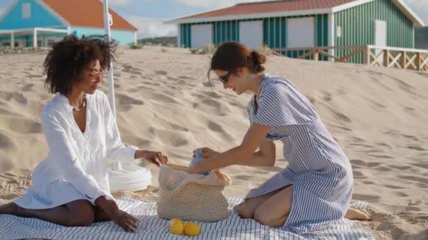 Lgbt Couple Enjoying Picnic Beach Houses Sunny Summer Day Happy — 图库视频影像