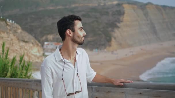 Peaceful Guy Enjoying Sea Horizon Closeup Calm Person Walking Stairs — Stok Video