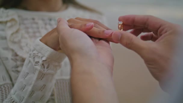 Man Hand Wearing Wedding Ring Woman Finger Closeup Romantic Boyfriend — стоковое видео