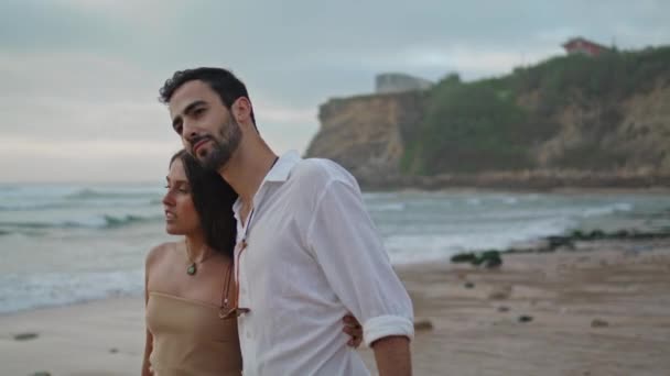 Tender Newlyweds Enjoy Ocean Stormy Beach Closeup Two People Walking — Stock video