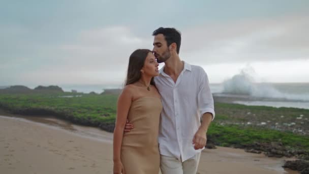 Carefree Lovers Walking Sandy Beach Closeup Smiling Man Kissing Positive — Stock video