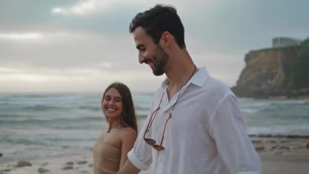 Carefree Lovers Walking Sandy Beach Closeup Smiling Girl Relaxing Positive — Stock video