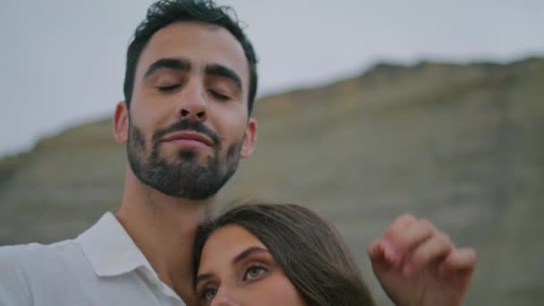 Loving Boyfriend Embracing Girl Evening Beach Portrait Latin Man Face — Stock video