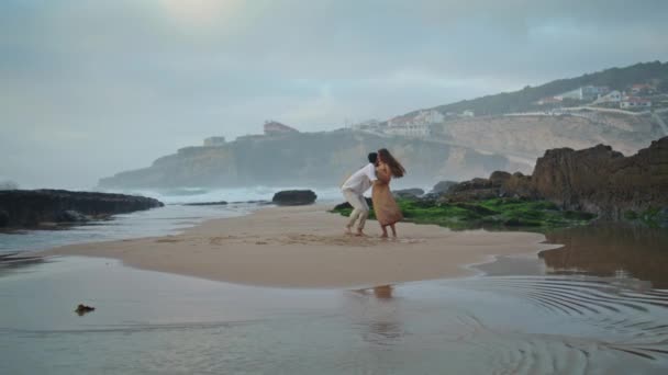 Unknown Newlyweds Spinning Sea Beach Vacation Together Joyful Couple Showing — Stock videók