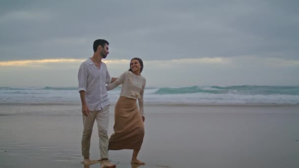 Happy Sweethearts Walking Evening Beach Outdoors Hispanic Couple Enjoying Ocean — Stockvideo
