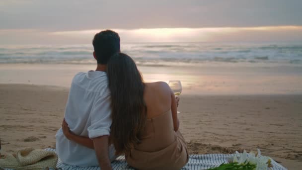 Affectionate Newlyweds Embracing Sunset View Picnic Tender Man Looking Woman — Stockvideo